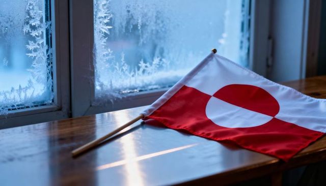 Greenland flag resting on wooden table by frosted window with winter light