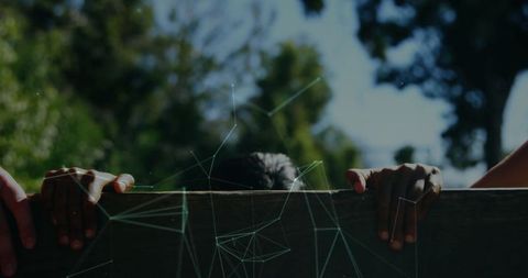 Child's Curiosity: Emerging Head in a Sunlit Garden with Digital Twist