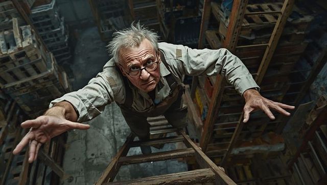 Senior worker climbing ladder in dimly lit warehouse