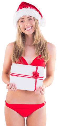 festive blonde woman in bikini holding gift with transparent background - Download Free Stock Videos Pikwizard.com