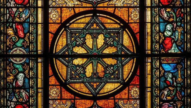 Intricate gothic stained glass with six-pointed star