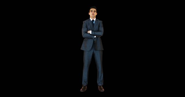 Young businessman standing with arms crossed against black background