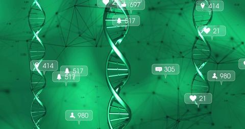 Glowing DNA Helices Floating with Notification Badges in Futuristic Green Data Network