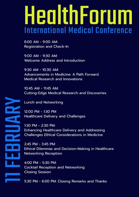 This professional blue template is ideal for organizing medical conferences. It features a detailed agenda, perfect for health forums, seminars, and international medical gatherings. The structured layout ensures clarity for attendees, with clearly defined sessions focusing on advancements in medicine, ethical considerations, and decision-making in healthcare. Great for event organizers aiming to present a polished schedule.