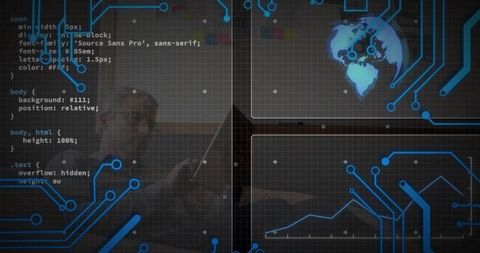 Mid-Age Man Typing on Laptop with Futuristic Holographic Code and Circuitry Overlay