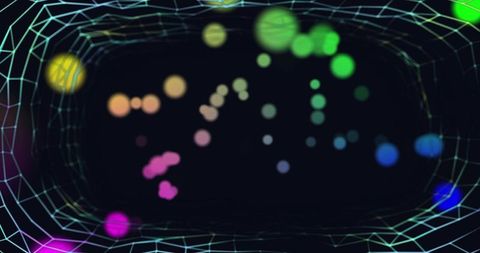 Neon bokeh tunnel with multicolor glowing orbs, wireframe grid and iridescent depth effect