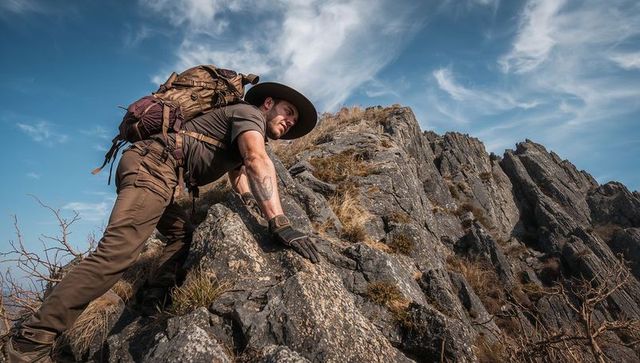 Hiker scrambling up rugged rocky ridge wearing backpack wide-brim hat and gloves