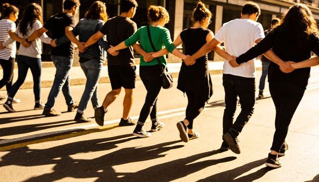 Young People Linking Arms Crossing Sunlit City Street in Solidarity Walk