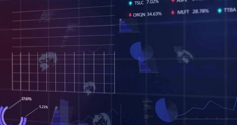 Displaying futuristic finance dashboard with glowing HUD charts, global data visuals, neon