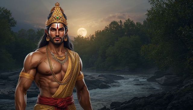 Mythical Warrior in Moonlit Riverbank Scene Highlighting Tradition and Strength