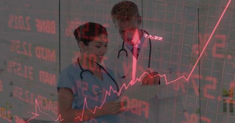 Medical Team Analyzing Tablet Data with Rising Red Healthcare Analytics Overlay