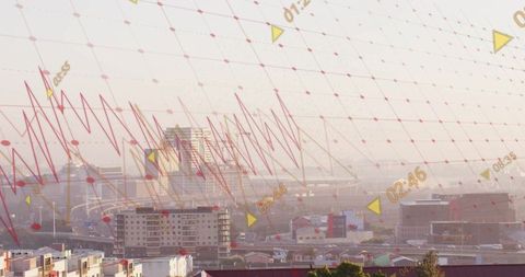 Hazy Urban Skyline with Digital Data Visualization Overlay