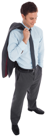 Transparent Smiling Businessman Holding Suit Jacket Casually