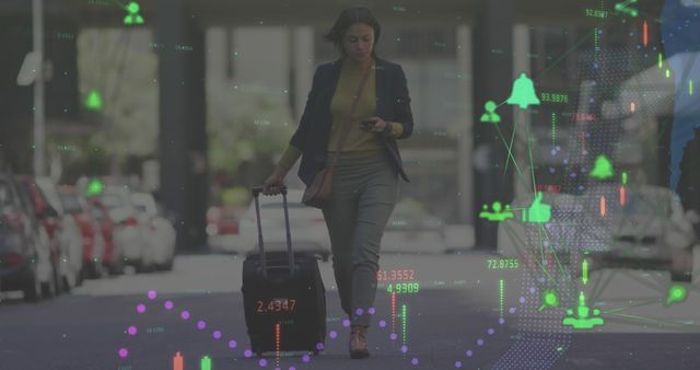 Businesswoman Walking with Luggage Using Smartphone Surrounded by Digital Data Illustrations - Download Free Stock Images Pikwizard.com