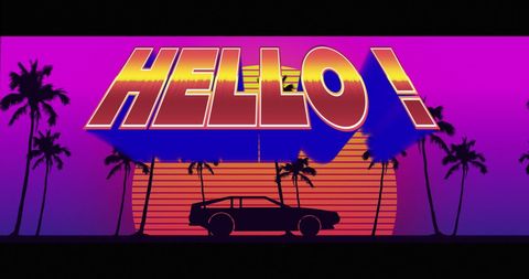 Retro futuristic sunset with neon hello message