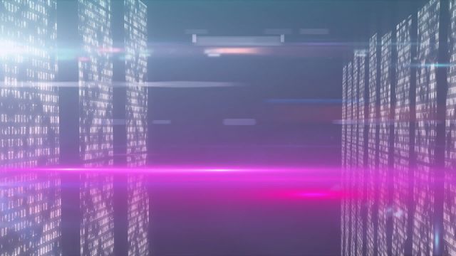 Futuristic data center displaying streams of binary code with vibrant pink lights. Bright and fast-moving digital code suggests high-speed data processing and advanced technology. Ideal for illustrating concepts of modern computing, cybersecurity, data storage, and innovative tech solutions in digital transformations.