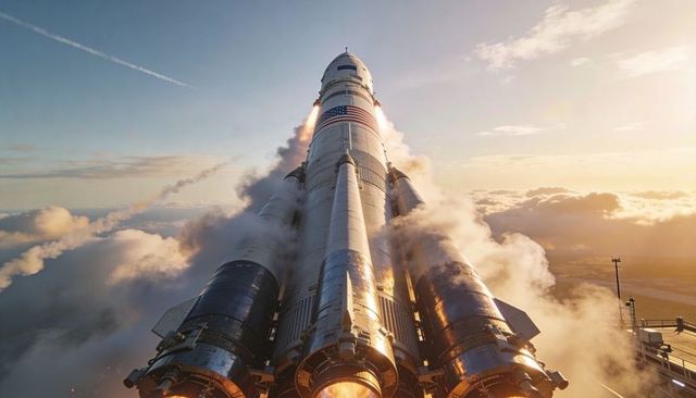 Sunlit Multi-Stage Rocket Launching through Clouds with Boosters and American Flag