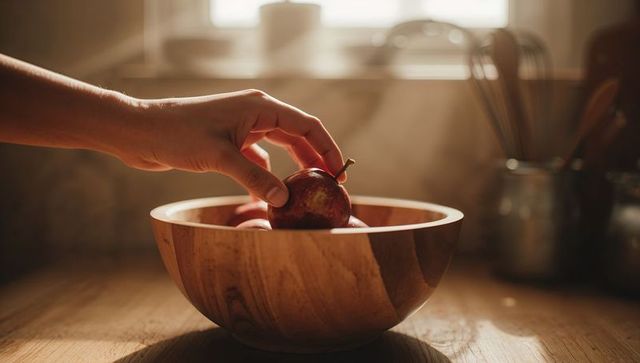 Hand lifting glossy red apple from wooden bowl on sunlit kitchen countertop still life
