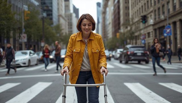 Woman Navigating City Street with Walker Promoting Urban Independence