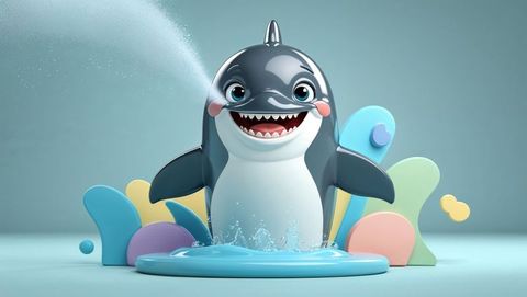 Playful orca splashing water in pastel art studio