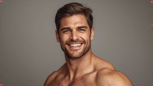 Confident smiling shirtless male model showing muscular jawline and fitness headshot