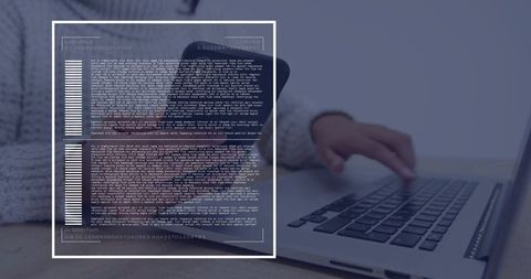 Woman typing on laptop with smartphone and augmented hud overlay for remote work