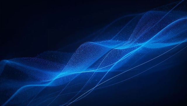 Flowing blue particle wave visualizing data flow, network connectivity and digital energy