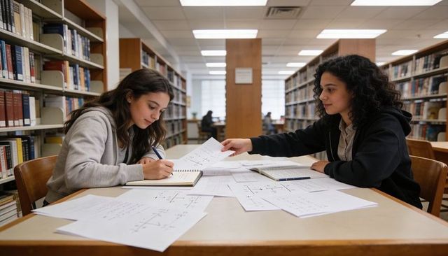 College students collaborating on math problems in library study session