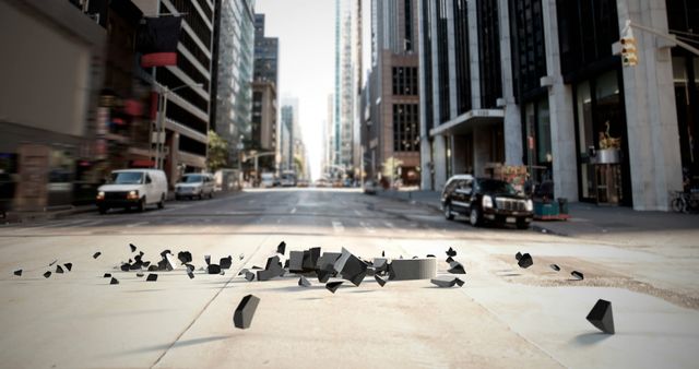 Broken street with scattered debris in modern downtown area. Skyscrapers and buildings surround the scene, indicating a busy metropolitan area. Could be used for illustrating infrastructure damage, urban development, cityscape challenges, or disaster aftermath.