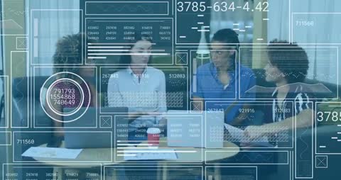 Team collaborating on project with laptop and data HUD overlays in office meeting