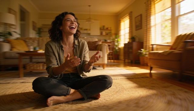 Laughing hispanic woman sitting crosslegged on woven rug in sunlit living room
