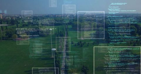 Digital Interface Over Urban Park with Tree-Lined Pathway