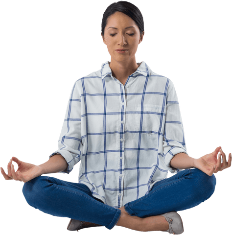 serene woman practicing yoga in checkered shirt transparent - Download Free Stock Videos Pikwizard.com