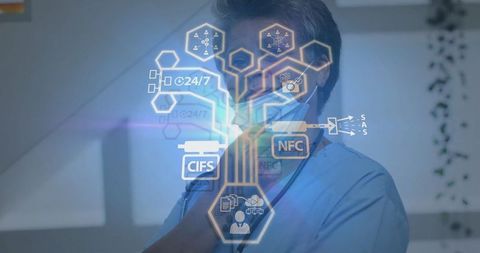 Doctor Interacting with Futuristic Medical Interface in Clinic