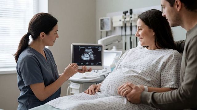 Prenatal ultrasound consultation with expectant mother and partner reviewing fetal scan