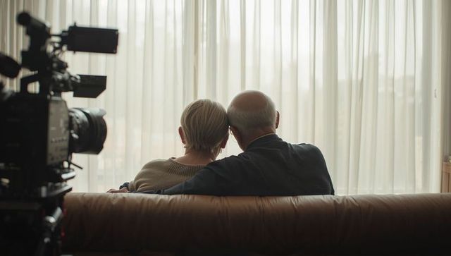 Senior couple leaning and embracing on leather sofa with film camera rig backlit living room