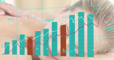 Spa therapist applying massage overlaid with analytics charts and grid, wellness business concept