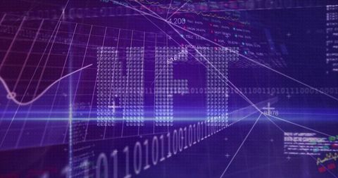 Glowing IPO hologram streaming over binary code, market charts and neon data grid