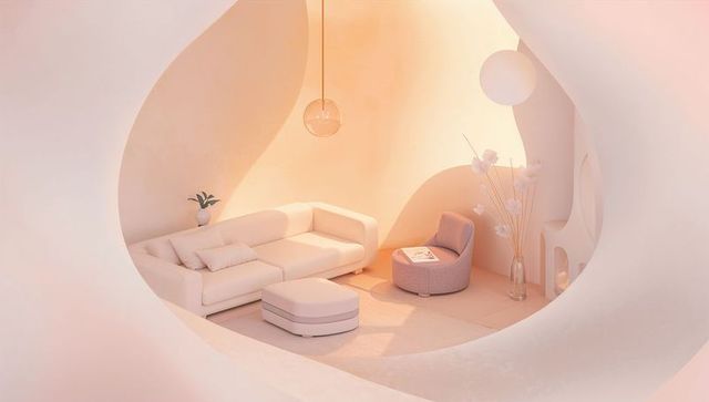 Serene curved minimal living room featuring l-shaped cream sectional and sculptural alcove