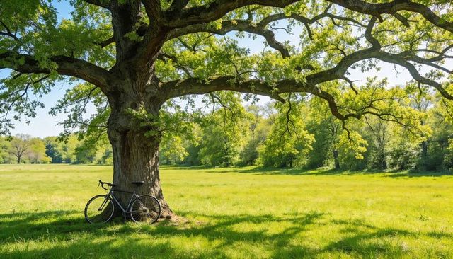 Road bike leaning under sprawling oak tree casting dappled shade over sunlit meadow