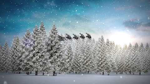 Santa's Sleigh Silhouette Soaring Over Snowy Trees