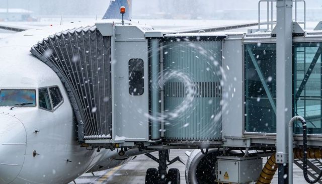 Jet bridge connecting commercial aircraft at gate during heavy snowfall, winter airport
