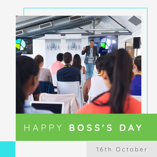 This vibrant and professional setting showcasing a Boss's Day celebration is ideal for corporate newsletters, business event promotions, leadership training advertisements, and motivational speaking engagement materials. Featuring an executive giving an engaging presentation to a diverse audience, it highlights themes of leadership, motivation, and appreciation in the workplace. Suitable for promoting annual company events, employee engagement initiatives, and corporate training sessions.