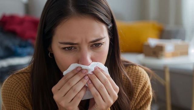 Young woman blowing nose with tissue at home feeling unwell closeup sneeze