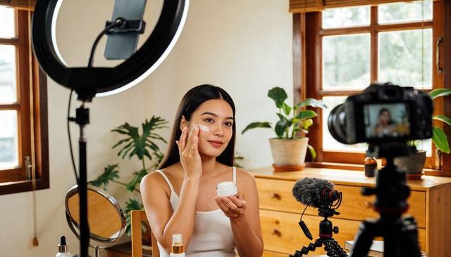 Asian beauty creator applying skincare on camera at home studio with ring light