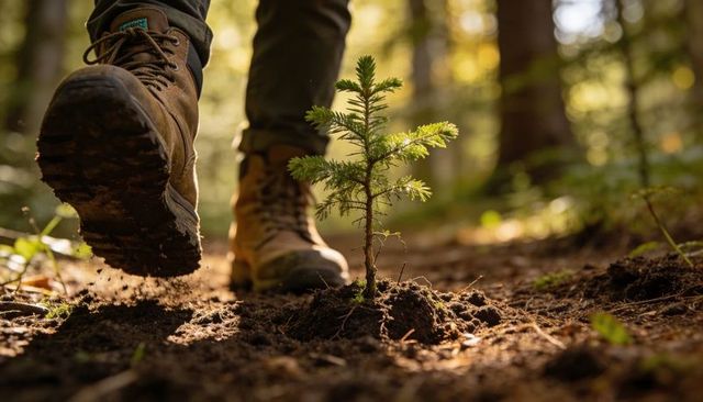 Hiker boot kicking mud near sunlit conifer sapling on forest trail close-up with dappled light
