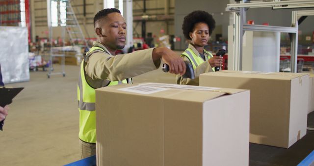 Warehouse workers scanning packages on a conveyor belt using barcode scanners. Ideal for illustrating concepts related to logistics, shipping, warehouse management, inventory control, and teamwork. Useful for websites, promotional materials, and articles about supply chain and distribution operations.