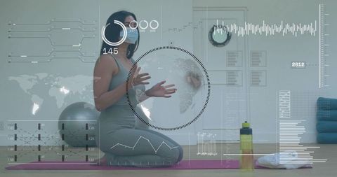 Practicing yoga at home with augmented hud fitness interface and face mask