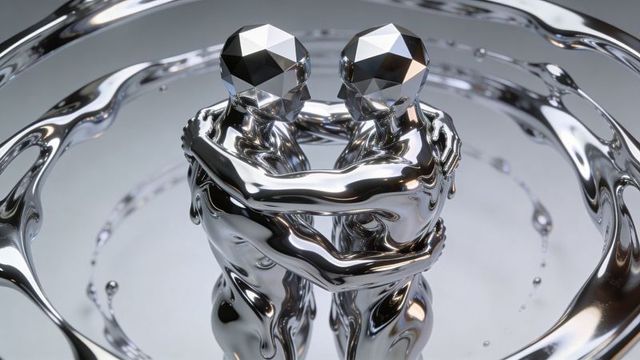 Mirrored chrome figures embracing amid liquid ripple ring, geometric faceted heads