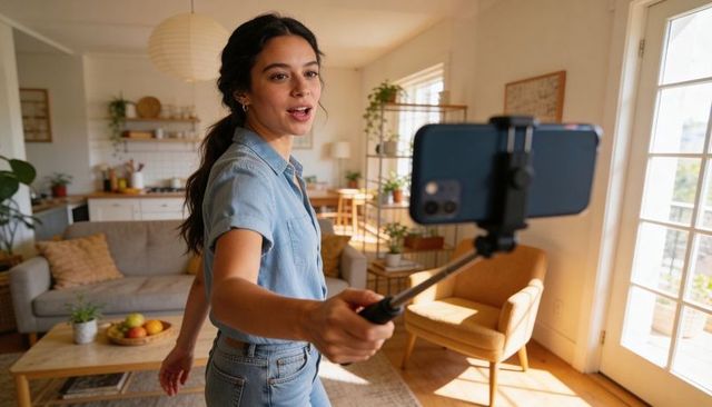 Female lifestyle vlogger filming in sunlit cozy living room with smartphone on selfie stick